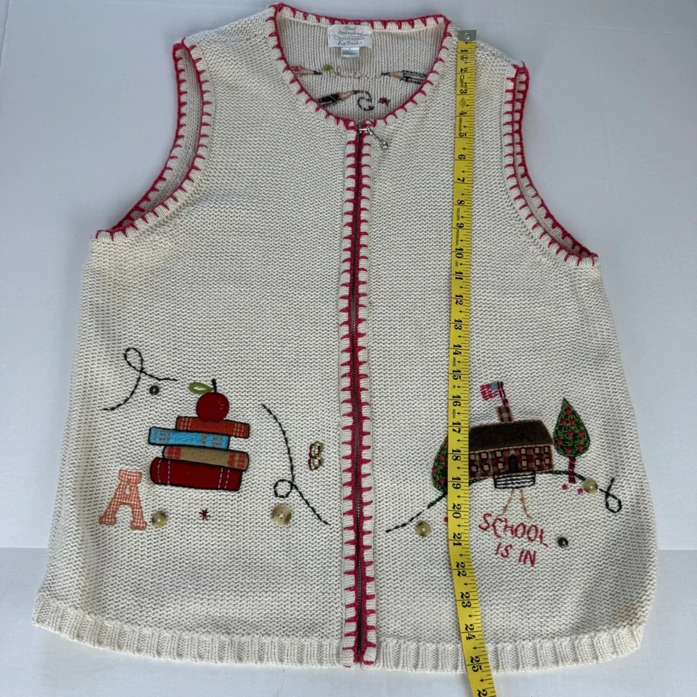 Christopher & Banks Hand Embroidered School Teacher Zip Sweater Vest Cream Large